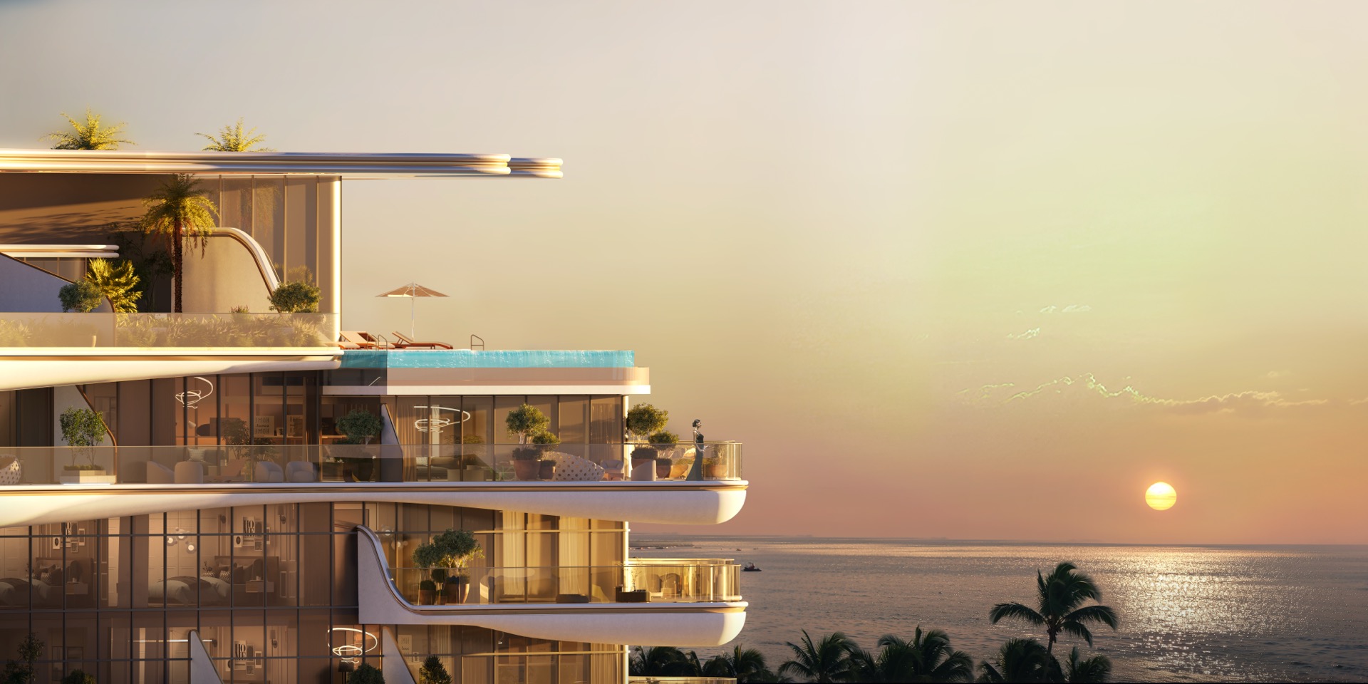 BWGrand Luxury Residence bei Sonnenuntergang am Meer, Dubai