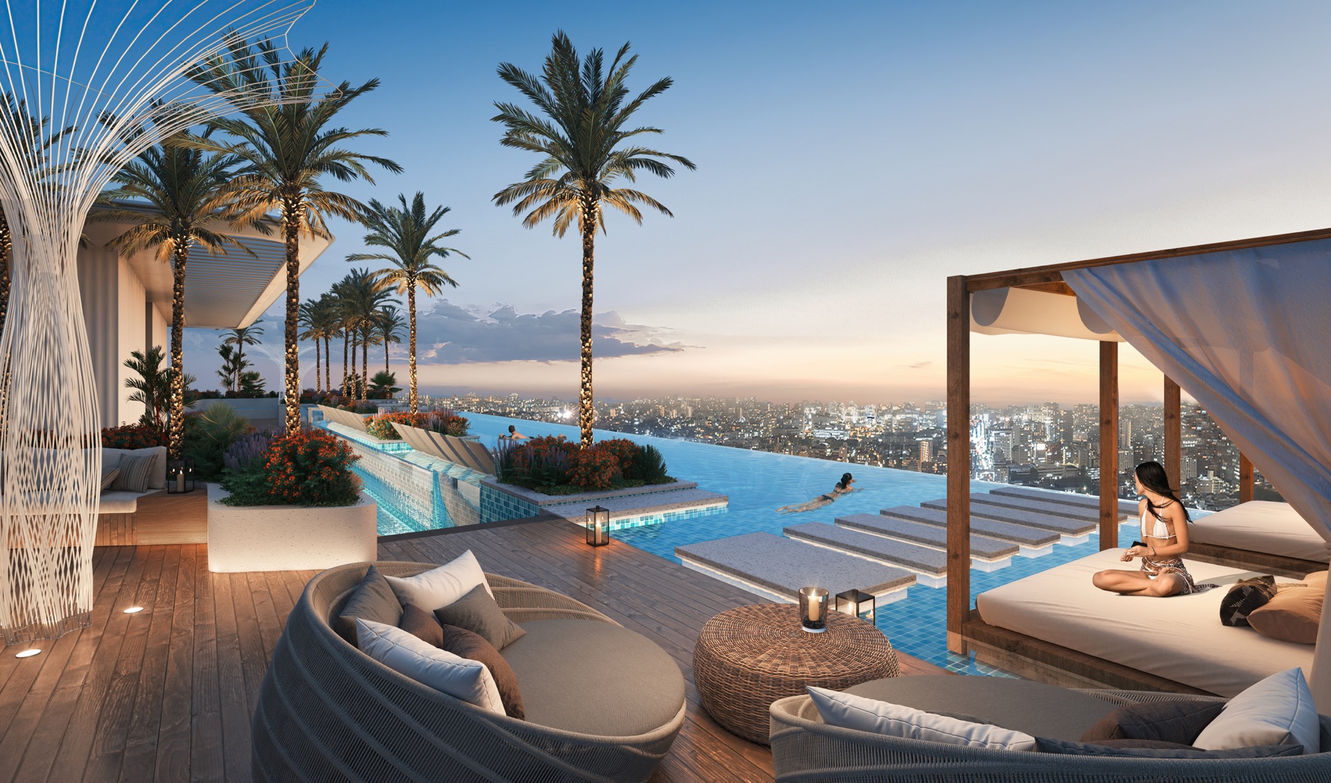Cove Rooftop mit Infinity Pool und Palmen