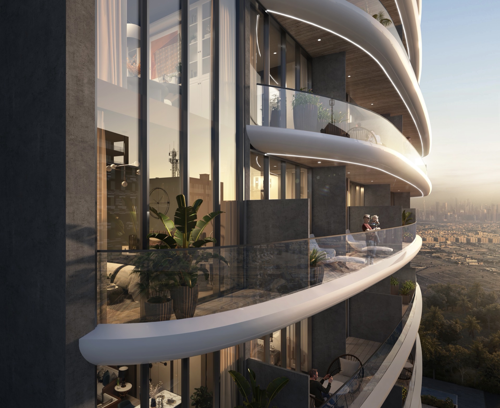 Geschwungene Balkone bei Sonnenuntergang